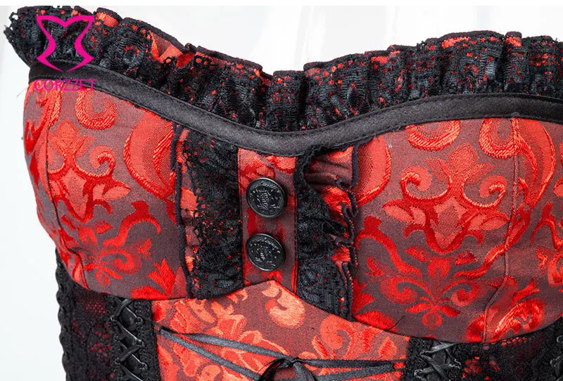 Черное викторианское кружево и красная парча бюстье Пуш Ап Топ Готический корсет