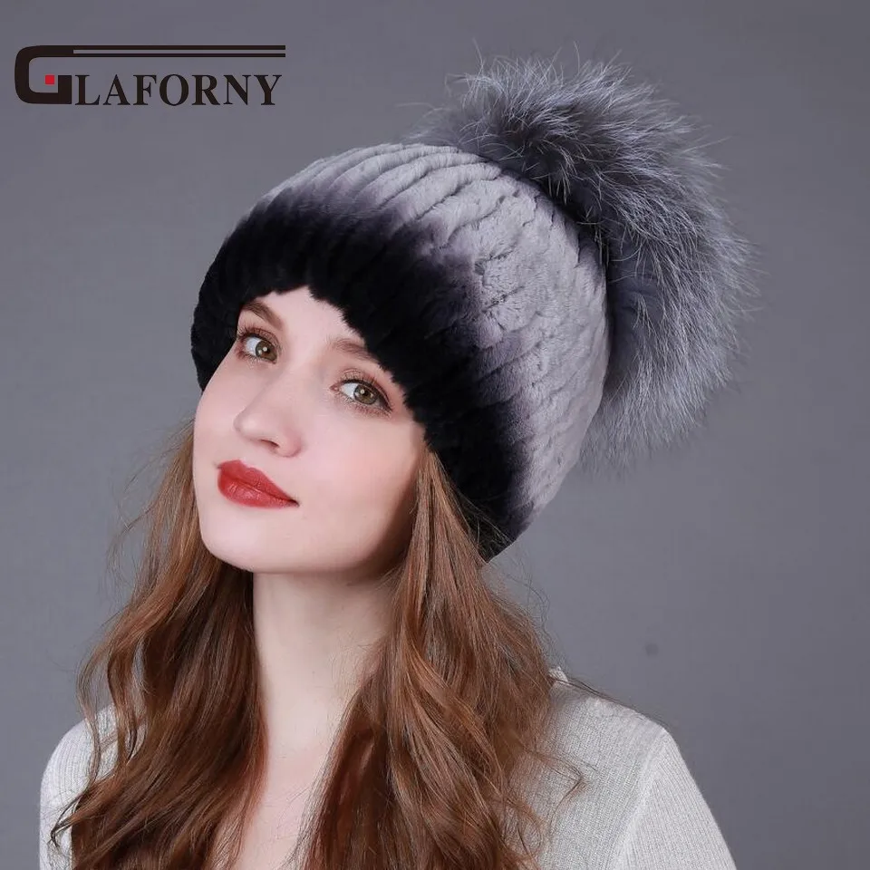 Женские вязаные шапки из меха кролика рекс Glaforny теплые меховые серебристой лисы