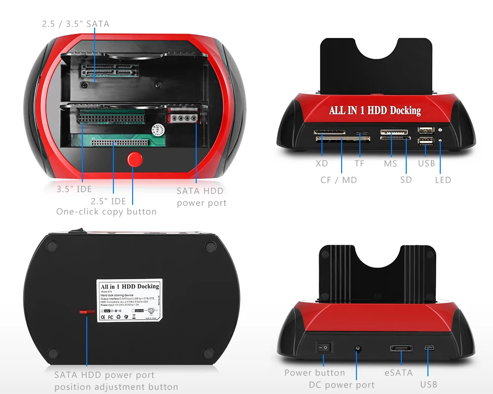 875 все в одном 2,5/3,5 дюйма SATA/IDE Двойная док-станция HDD жесткий диск Док-станция мульти-кард-ридер eSATA Dual IDE SATA жесткий диск
