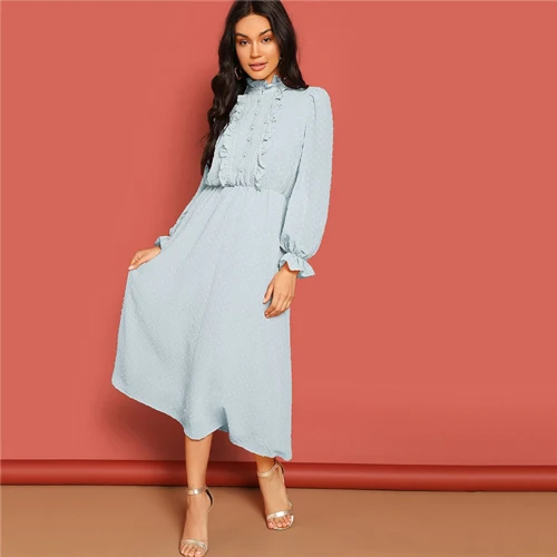 Синий SHEIN Frill and Lace Trim Half Placket Dot Jacquard Long Dress Stand Collar Midi Dress Women Long Sleeve A Line Elegant Dress - Цвет: Синий
