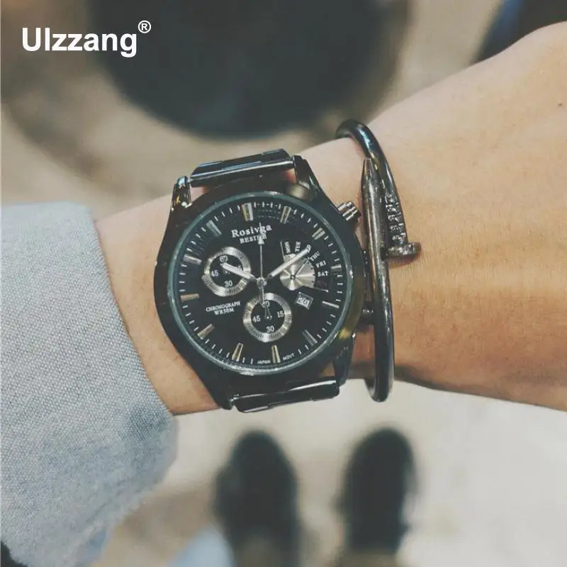 Часы мужские модные кварцевые с 3 циферблатами и календарем|clock fashion|clock blackclock men |