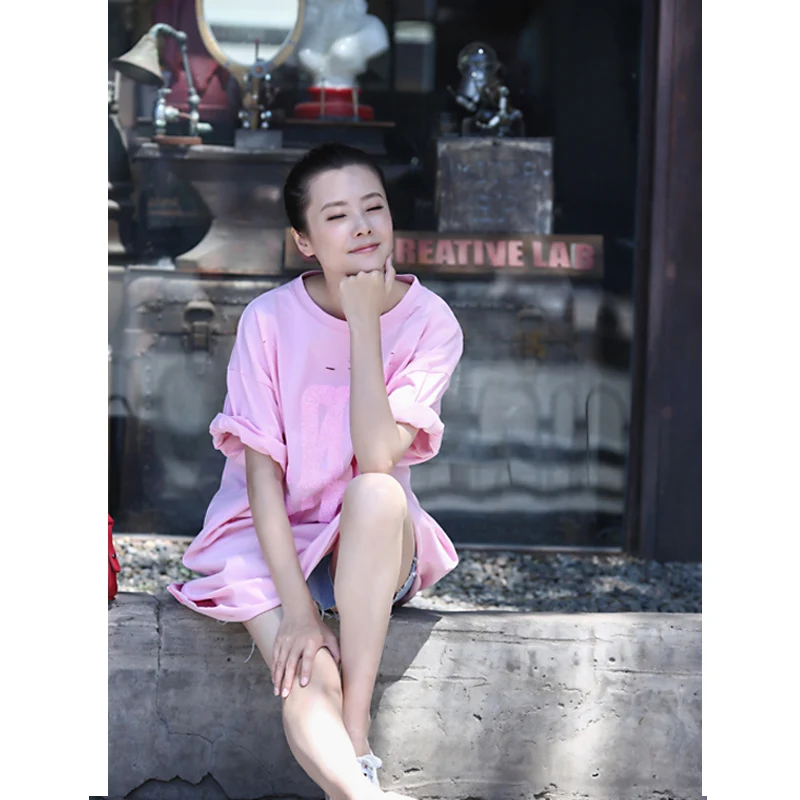 Тонкая рваная футболка MICOCO T9137 большого размера в Корейском стиле с круглым