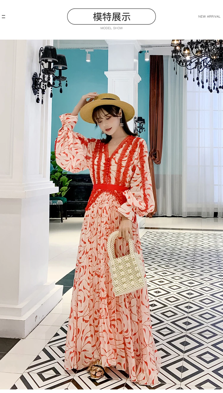 Богемный стиль с принтом пэчворк кружева v-образным вырезом Фонарь длинными