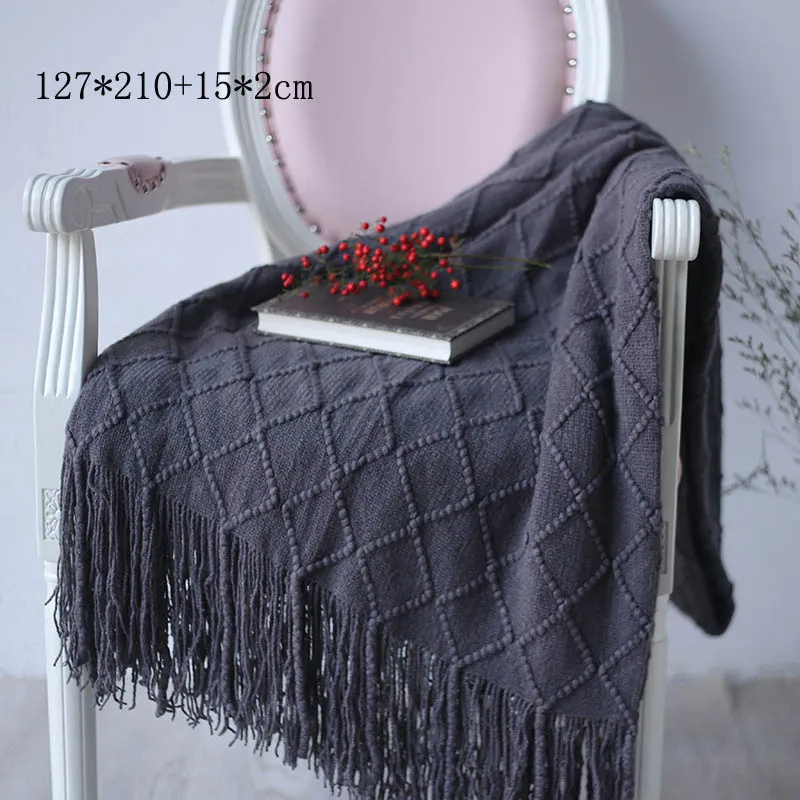 dark grey Вязаное декоративное покрывало с кисточкой для офиса, дорожный плед для дивана для детей и взрослых, зимнее покрывало - Цвет: dark grey