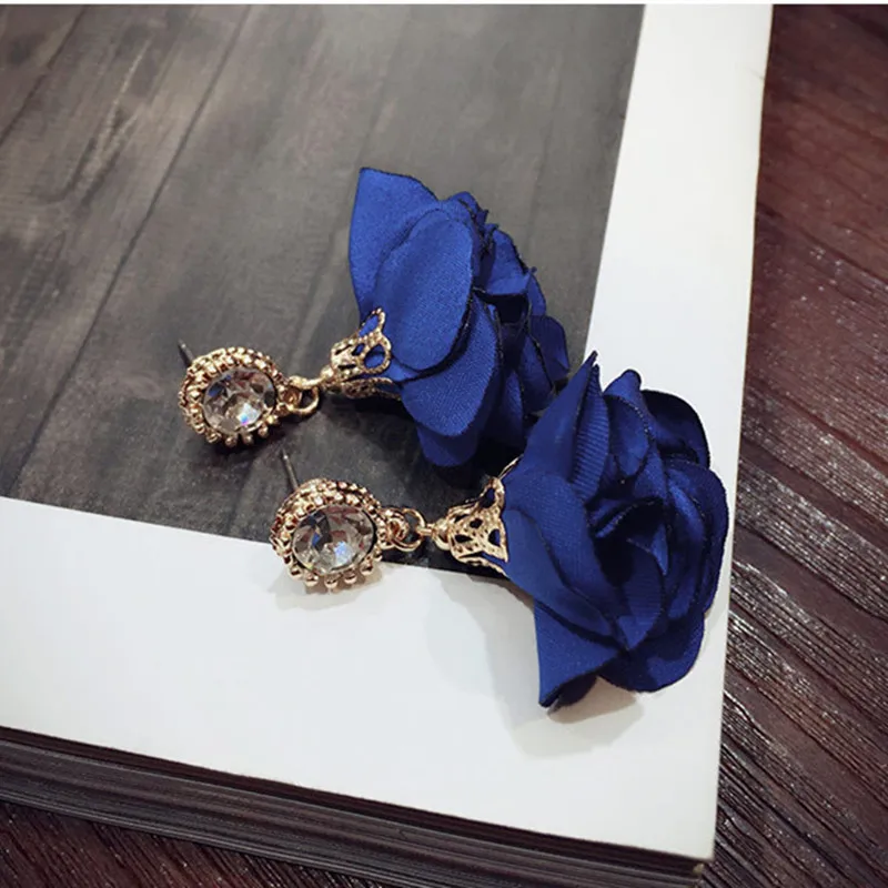 Женские тканевые серьги с цветами и кристаллами корейская бижутерия ретро