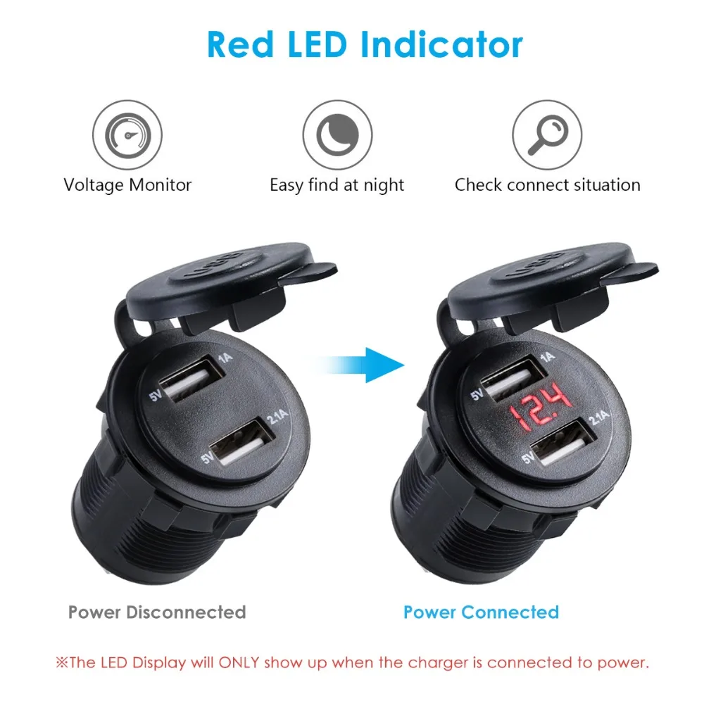 Powsro 12V-24V Dual USB Автомобильное зарядное устройство Автомобиль Мотоцикл