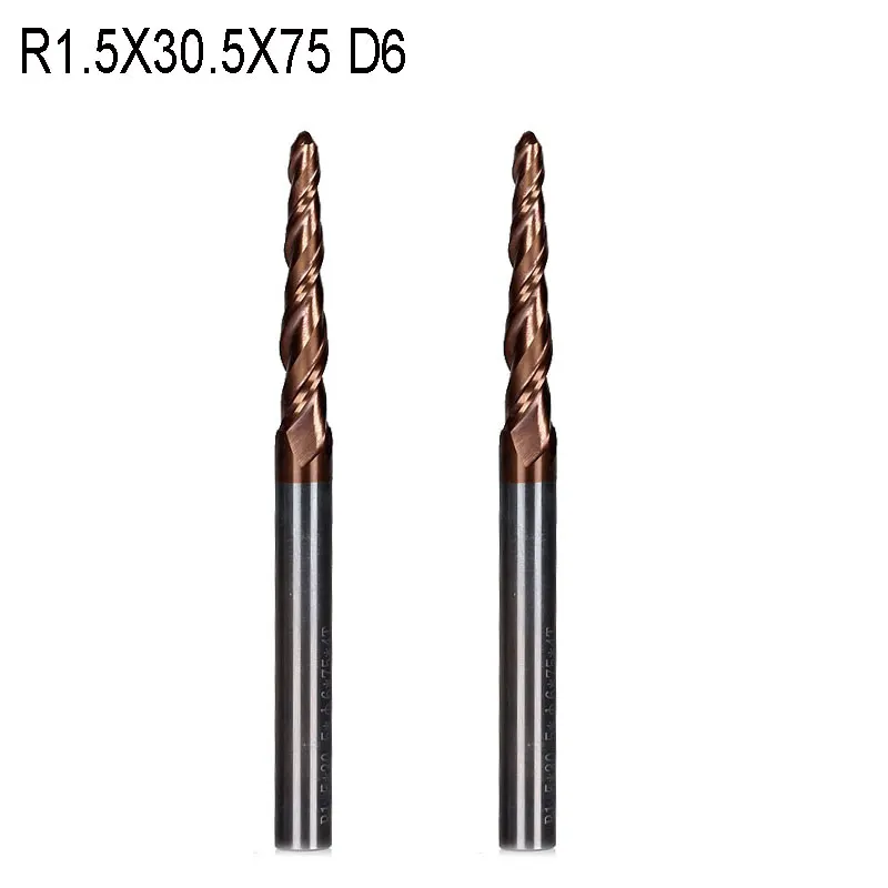 Концевая фреза для конических конусов 2 шт. R1.5 * D6 30 5 75L 2F HRC55 вольфрамовая