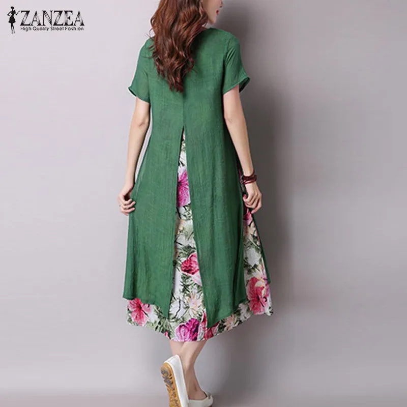 ZANZEA Vestidos, Осеннее женское платье, винтажное, с цветочным принтом, макси, длинное платье, с коротким рукавом, с разрезом, повседневные, свободные платья размера плюс