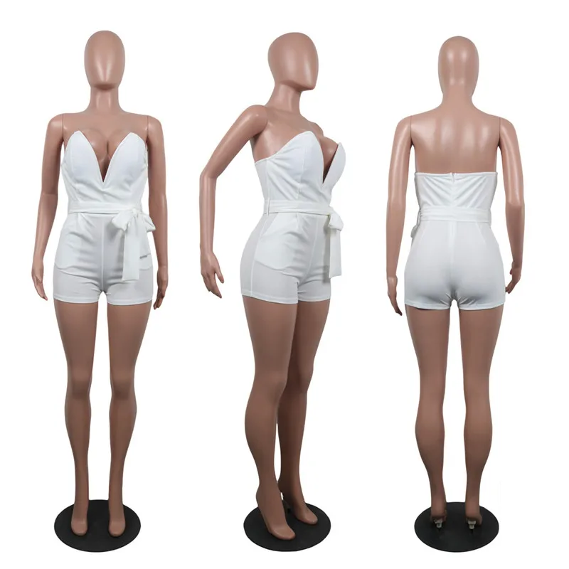 

White Summer Sexy Playsuit Women Deep V Neck Strapless Belted Romper Fashion One Piece Bodycon Jumpsuit Shorts D53-AZ11