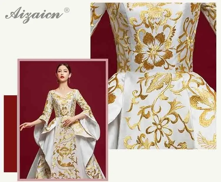 Мода V образным вырезом Длинные Cheongsam Китай для вечернего платья с вышивкой Qipao для женщин Традиционный китайский костюмы Oriental этап платье Qi Pao