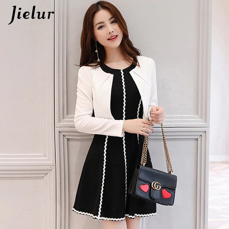 Jielur Elegant Stripe White Black Dress Set Autumn Classic Chic 2 Piece Women Korean Fashion Conjunto Feminino S-XL Dropship | Женская