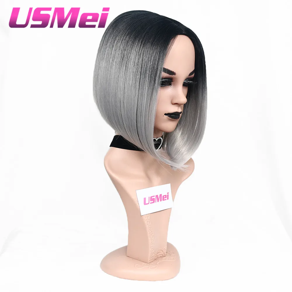 

USMEI 14 inches Ombre black gray wigs for women two tone synthetic Black root straight wig short cosplay hairstyle free hairnet