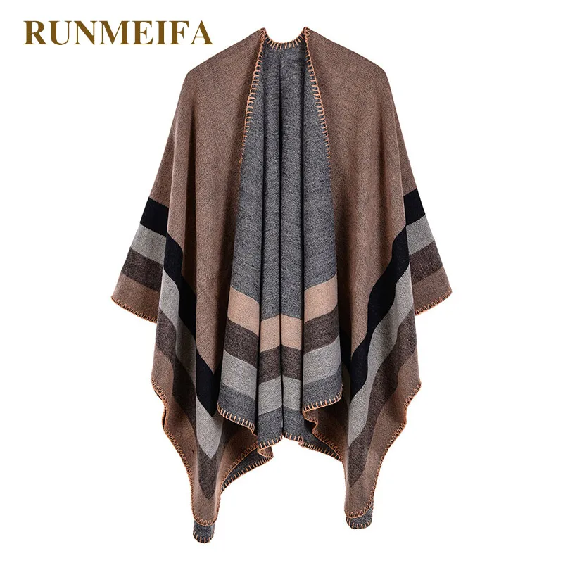 RUNMEIFA Winter Warm Shawl For Women Big Frame Cape Two Sides Wear Femme Knitted Cloak Thick Acrylic Simulated Cashmere Poncho