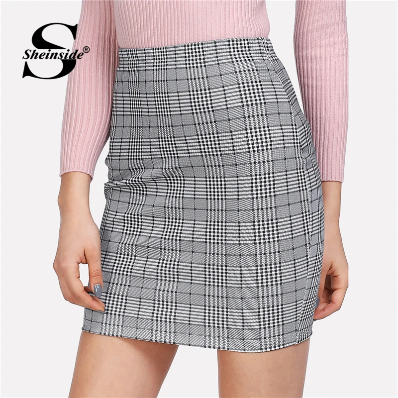 Sheinside клетчатая облегающая юбка с принтом женская модная серая короткая юбка со средней талией летняя Офисная женская элегантная Рабочая Юбка