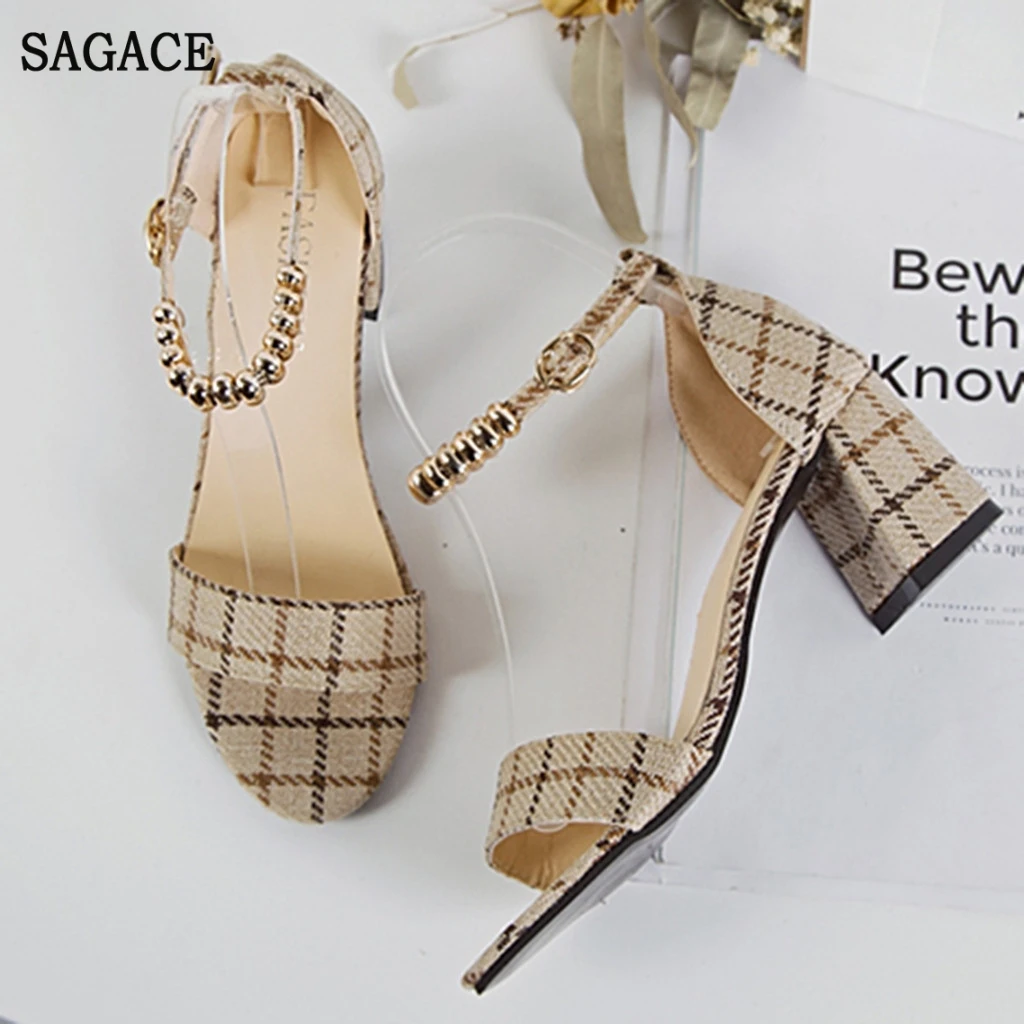 SAGACE/Новинка Модные женские туфли в клетку на высоком квадратном каблуке