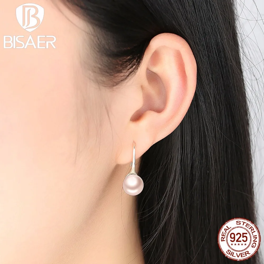 BISAER, 925 пробы, серебряные, элегантные, круглые, розовые, с искусственным жемчугом, серьги для женщин, висячие серьги, Стерлинговое Серебро, хорошее ювелирное изделие