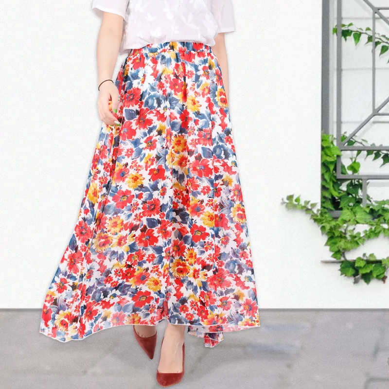 Женская длинная юбка в стиле бохо летняя шифоновая с цветочным принтом и рюшами