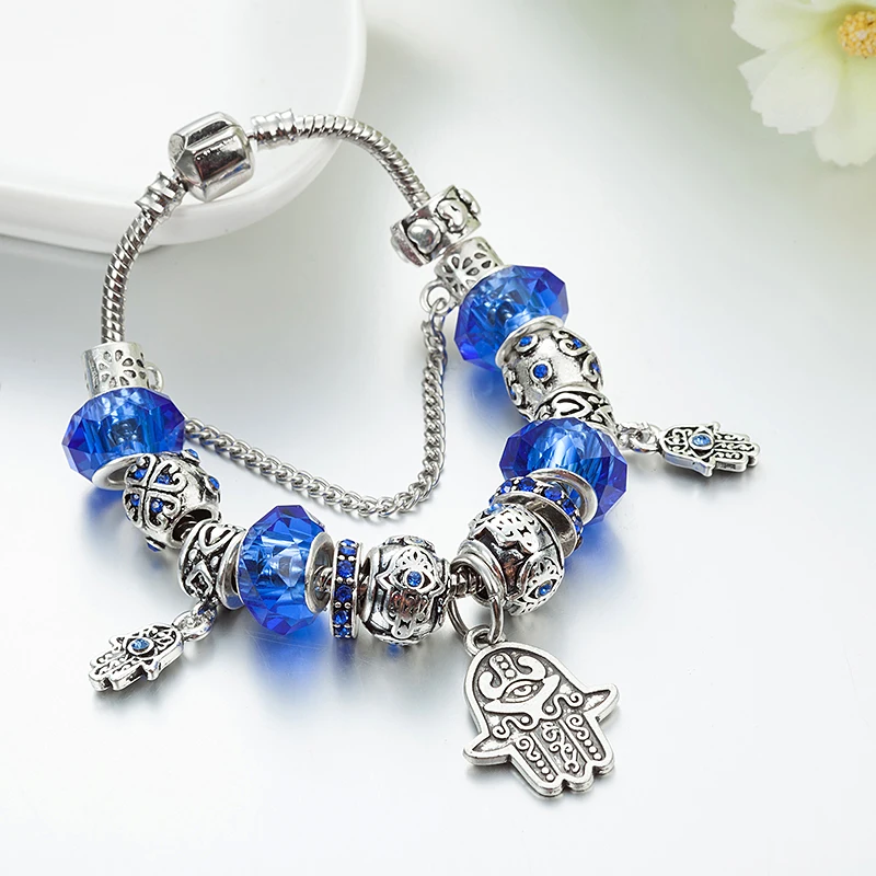 VIOVIA модные синие браслеты с подвесками для женщин Кристальные бусины от сглаза