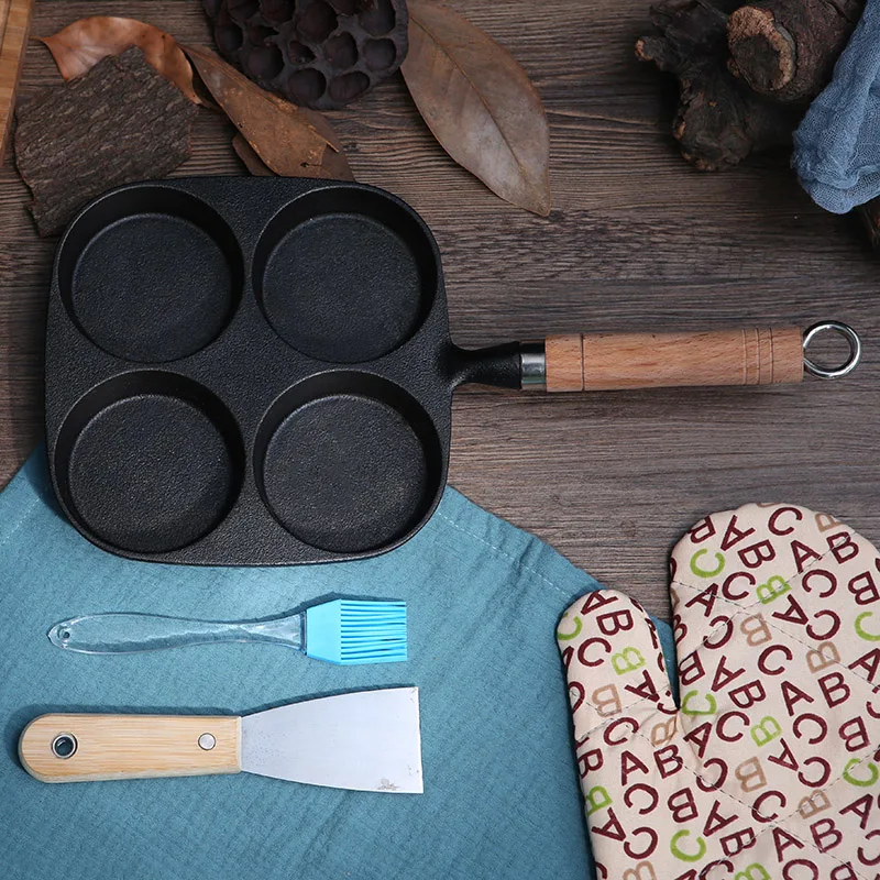 4 в 1 утолщенной чугунная сковородка для омлета без покрытия с антипригарным