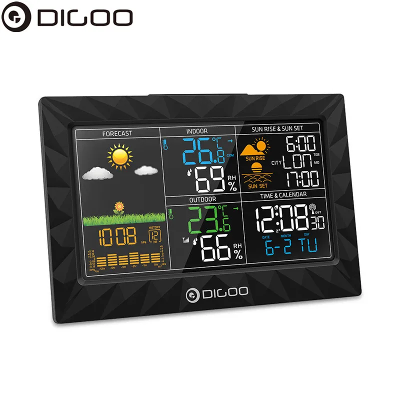 DIGOO DG-TH8988 ЦВЕТ МЕТЕОСТАНЦИЯ+ открытый Дистанционный датчик термометр гигрометр Повтор часы рассвет закат дисплей