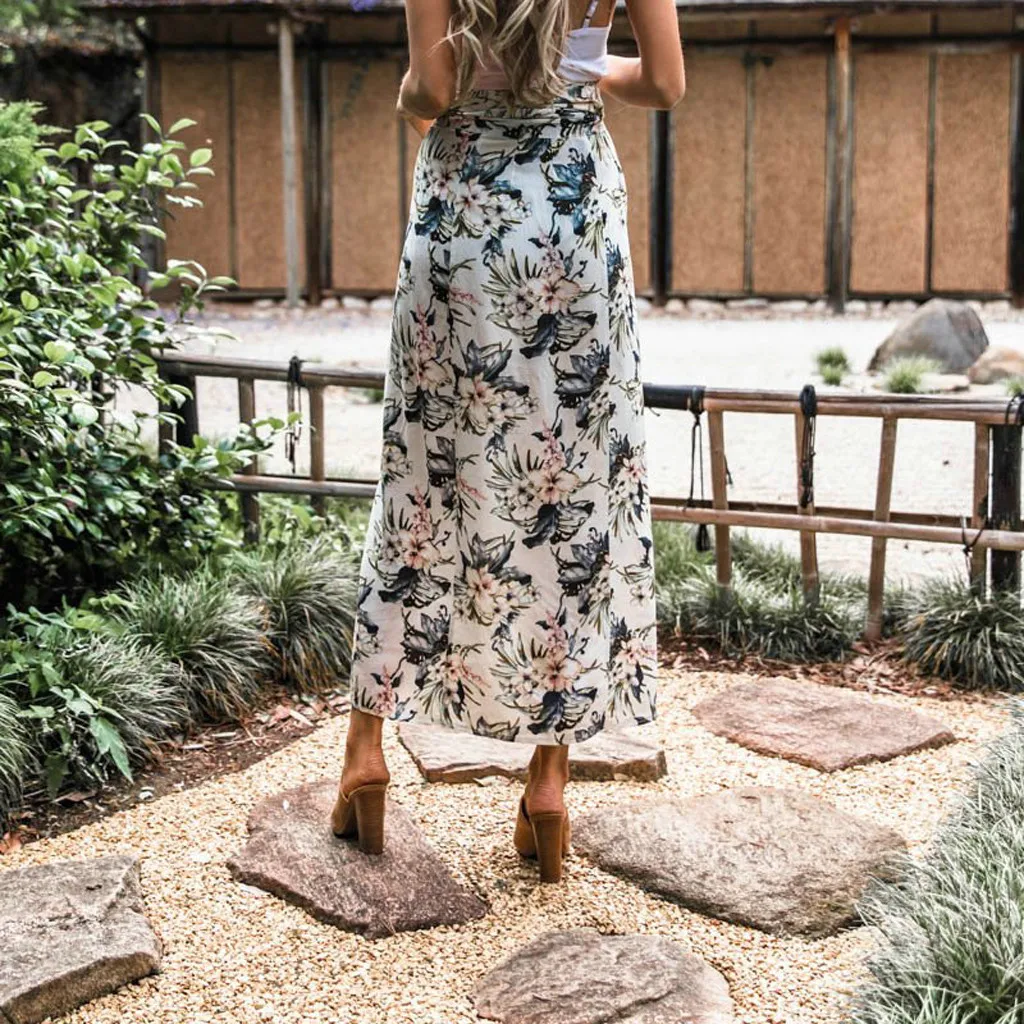 Женская летняя сексуальная юбка с разрезом и цветочным принтом элегантная