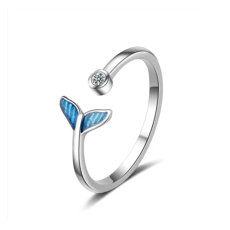 2019 New Arrival 925 Sterling Silver Ring For Women Mermaid Fish Tail Fresh Blue Sea Crystal Rings Sweet Jewelry | Украшения и