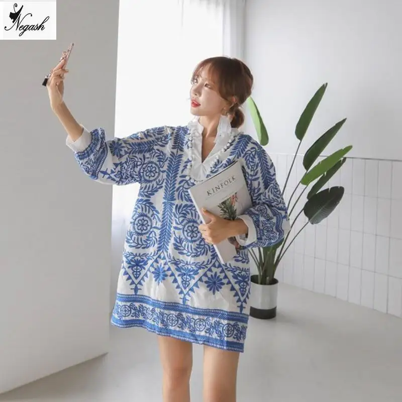 Women summer autumn geometric Embroidery dress Lanter sleeve V-neck sweet Vestidos femininos fashion cute Mori Girl | Женская одежда