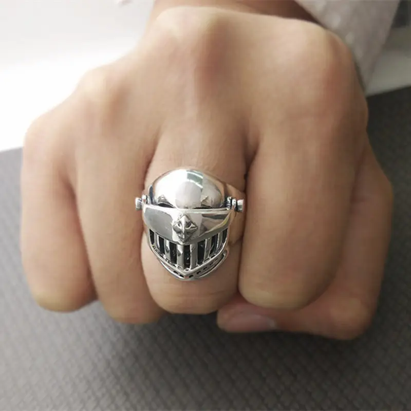 

Solid Silver 925 Helmet Skull Knight Wide Band Rings Men Black Antique 925 Sterling Silver Ring Cool Gothic Punk Jewelry Men