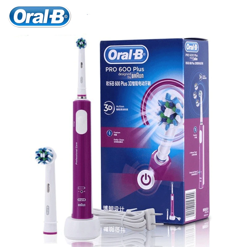 

Oral B Electric Toothbrush Pro600 Plus 3D Clean 2 Brush Heads Corss Action Waterproof Inductive Charge Purple Blue Color