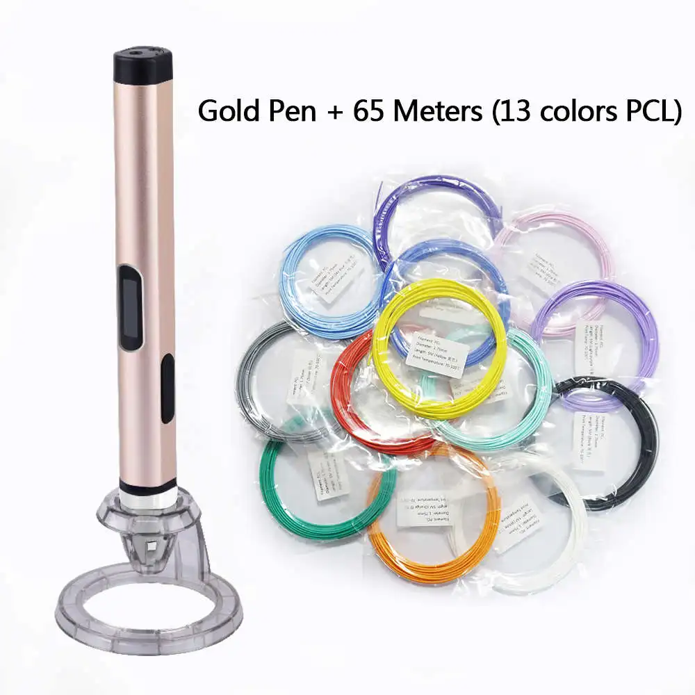 Gold pen 65M PCL Dewang Новые X4 Интеллектуального 3D Печать Ручка с ЖК-Экраном, Низкая Температура USB 3D Ручка Металлический цвет Ультра-свет - Цвет: Gold pen 65M PCL