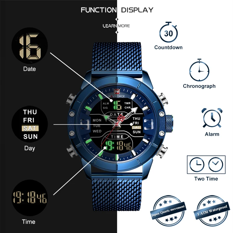 Naviforce Новые Топ брендовые Роскошные 9153 спортивные цифровые военные мужские часы со стальным ремешком наручные часы Relogio Masculino montre homme