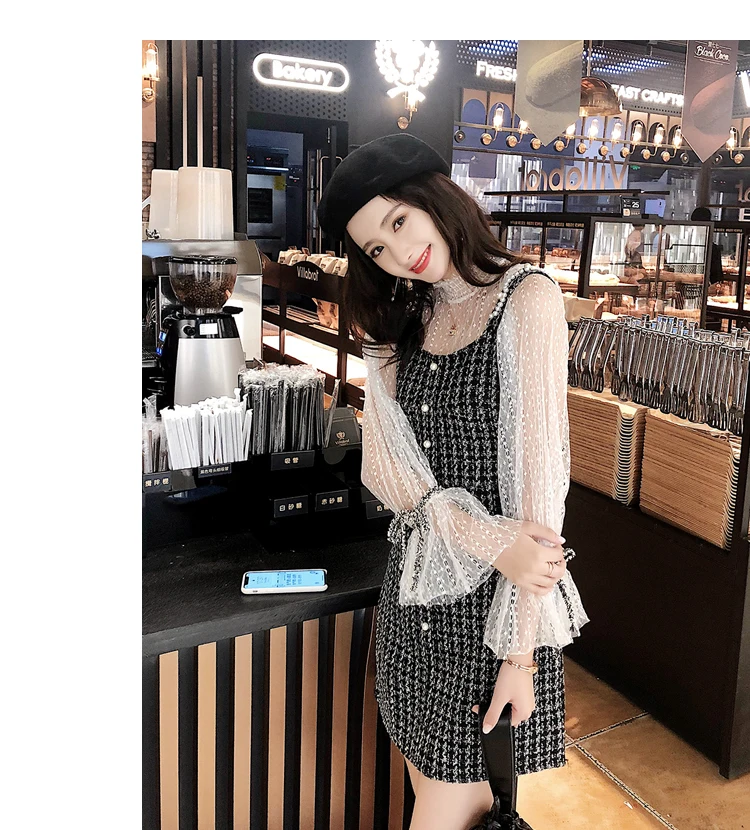 Two Pieces Set Mesh Tops Spaghetti Strap Dress Sexy Lantern Sleeve Mini Vest Dresses Ladies Fashion Elegant Party Dress New