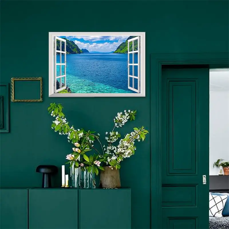 3D эффект окна пейзаж красивый синий морской пляж наклейка на стену искусственное