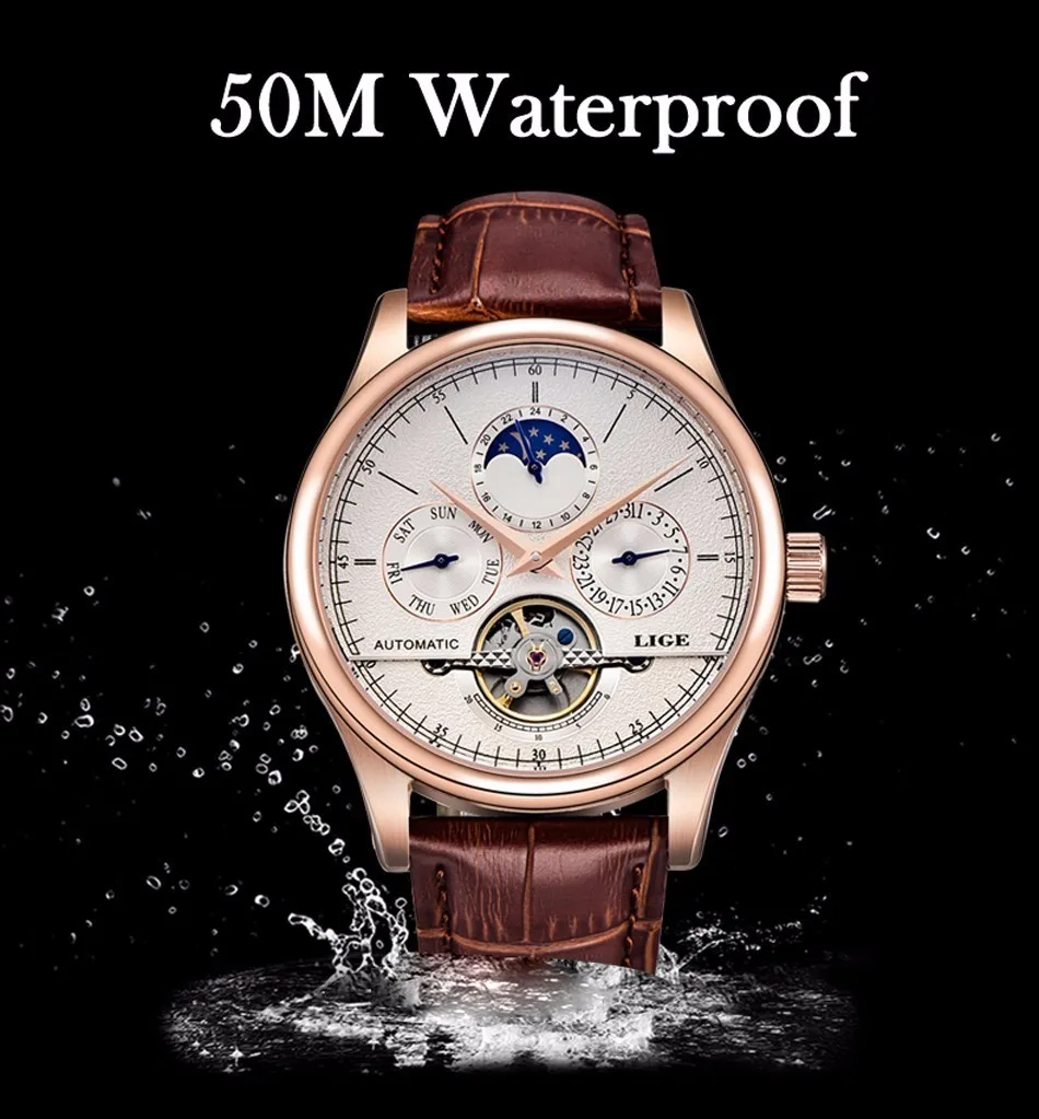 LIGE, брендовые автоматические мужские часы, механические часы, Tourbillon, спортивные часы, кожа, Бизнес Стиль, Ретро стиль, часы Relojes Hombre+ коробка