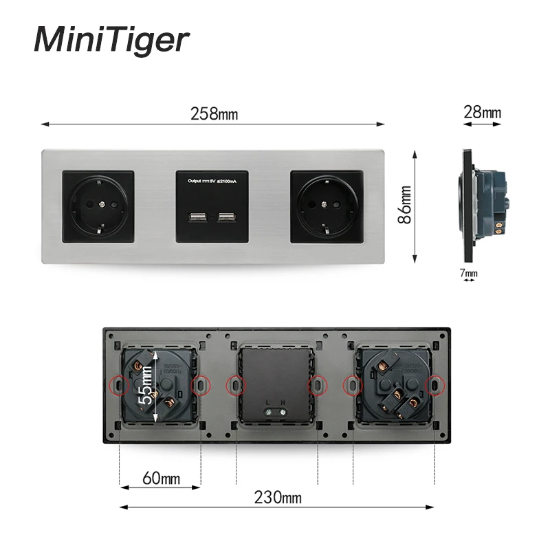 Minitiger настенная панель из нержавеющей стали с двойным гнездом 16A EU электрическая