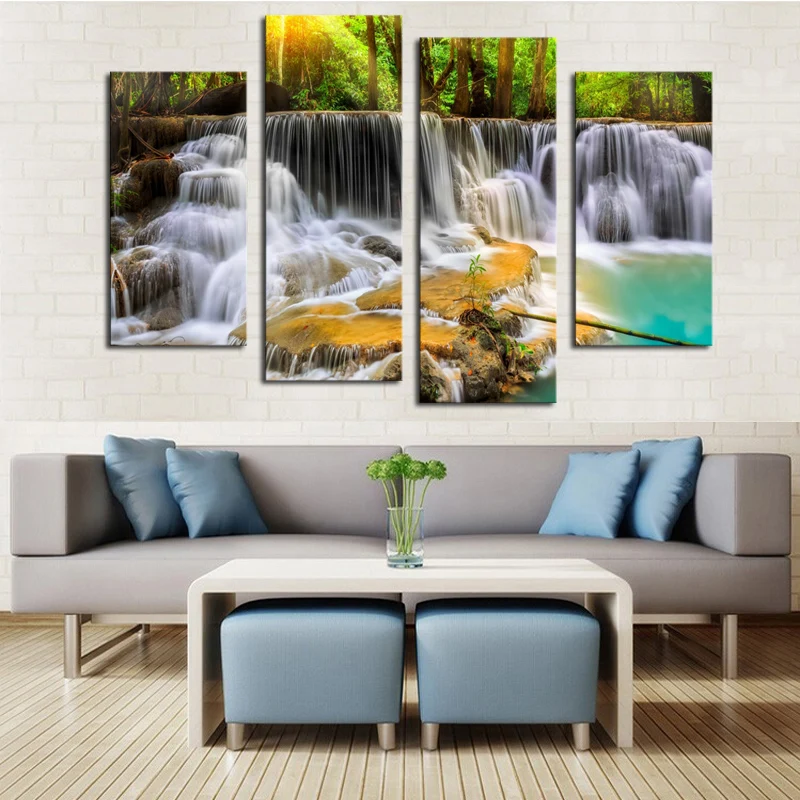 Без рамки 4 панели водопад с деревом Большой HD картина декоративная живопись на