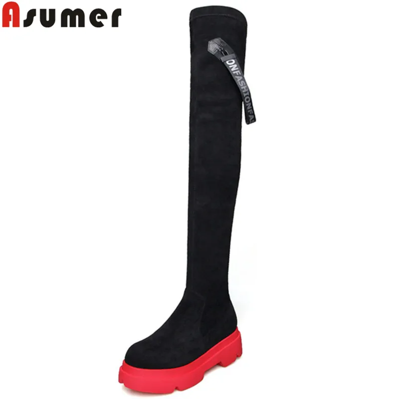 Женские ботфорты из искусственной замши ASUMER черные сапоги на платформе с круглым