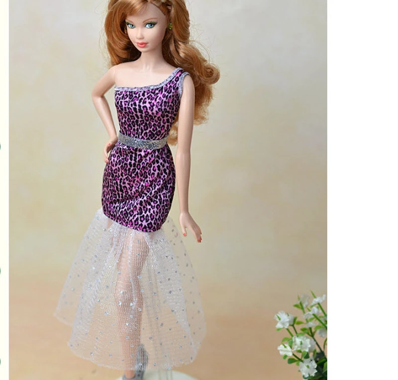 Сексуальное леопардовое платье на одно плечо для кукол Барби праздничное с белой
