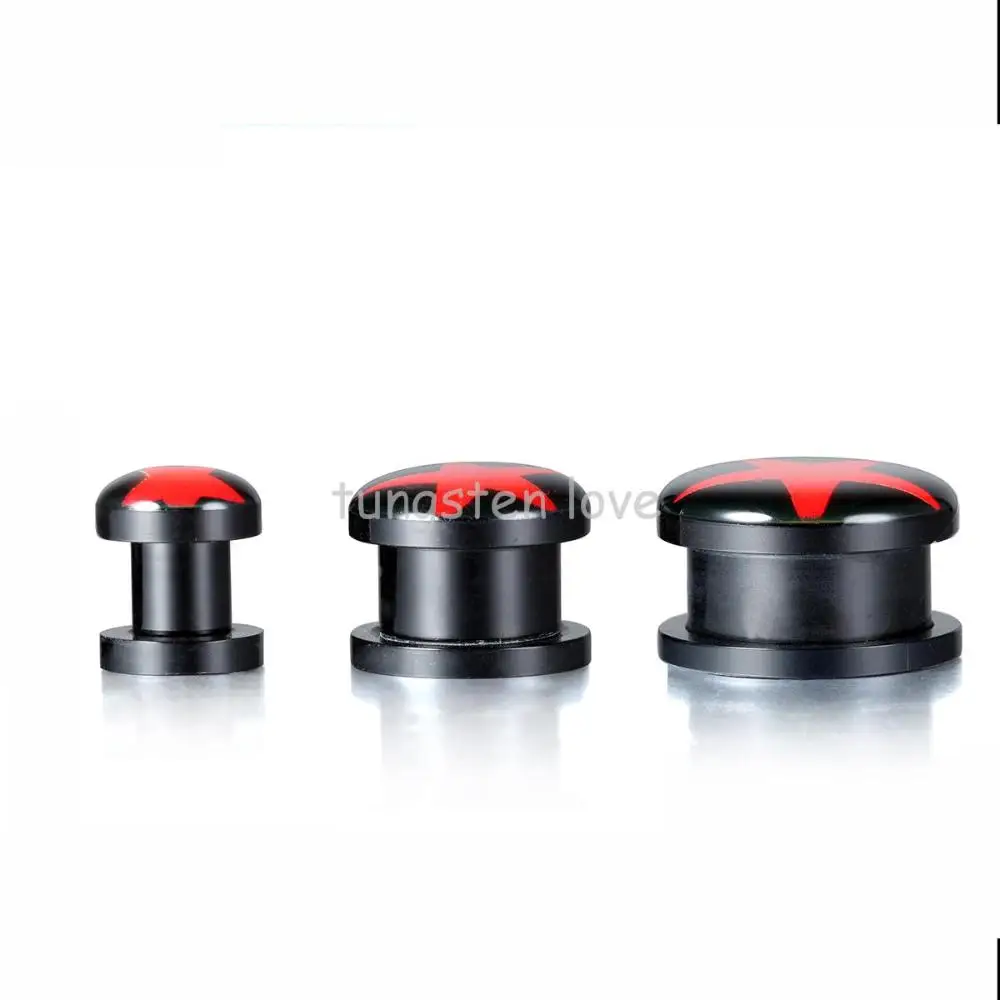 

1 pair Red Star Ear Plug Gauges Tunnel Black Acrylic Screw flesh tunnel body piercing jewelry 10/16/20 mm selectable