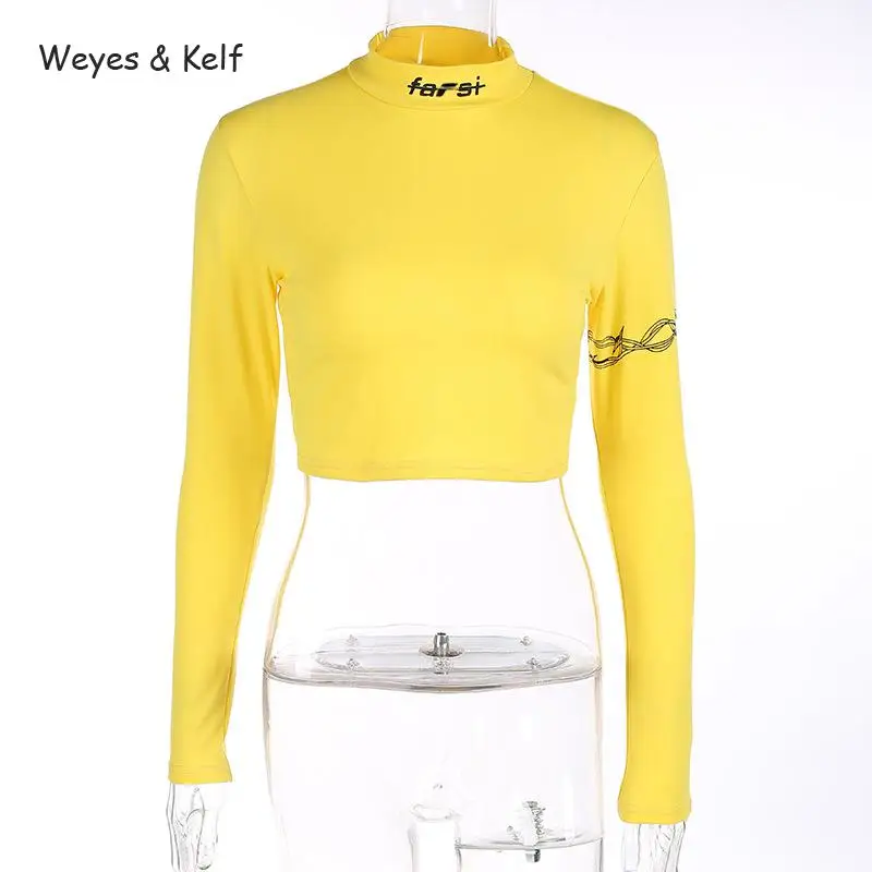 Женская короткая футболка Weyes &amp Kelf желтая укороченная с длинным рукавом