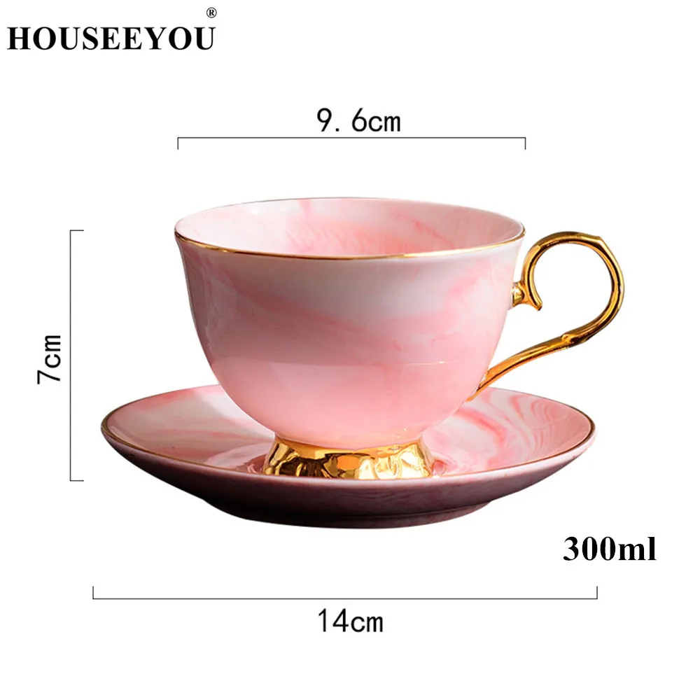 pink HOUSEEYOU, 300 мл, ручная роспись, Высококачественная кофейная чашка, чайные чашки, блюдце, набор, европейский стиль, мраморный, Пномпень, керамическая чашка для послеобеденного чая - Цвет: pink