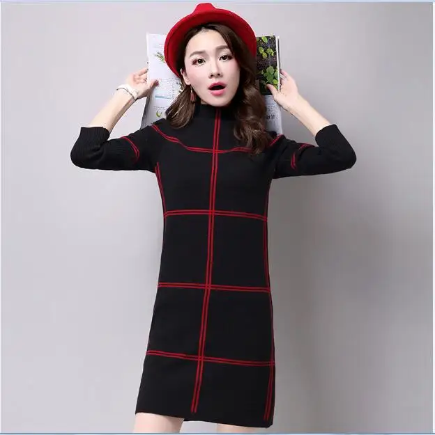black red Женское осенне-зимнее платье, клетчатое трикотажное платье, водолазка с длинным рукавом, платье-свитер для девочек - Цвет: black red