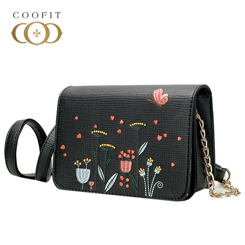 

Coofit Sweet Floral Mini Bags Girls Flower Embroidery Messenger Bag Women Small Fashion PU Leather Chains Shoulder Crossbody Bag
