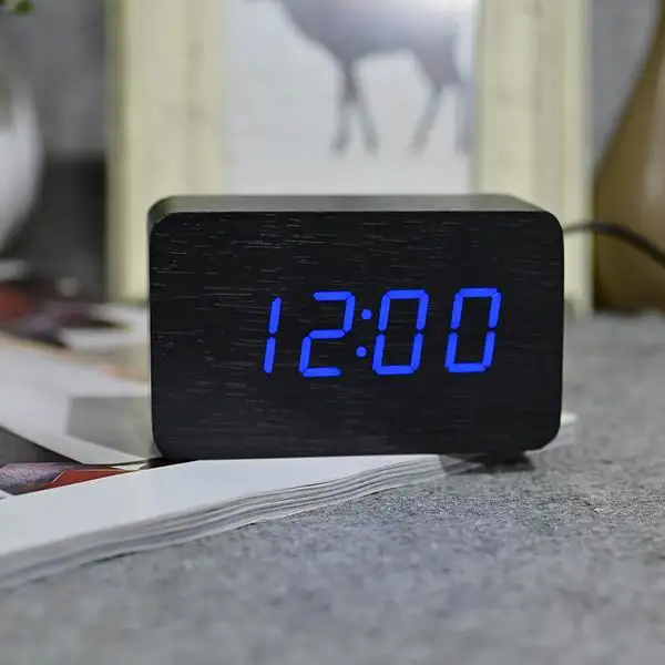 black blue Suncree бамбук зеленый термометр светодиодный цифровые часы, управление звуками деревянные будильники, настольные часы Прямая поставка - Цвет: black blue