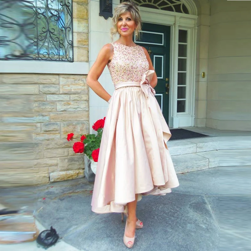 New Arrival pink Satin Ruffle Beaded Top Mother Of The Bride Dresses 2015Front Short Long Back Pleated Evening | Свадьбы и торжества