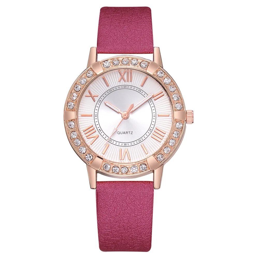 Hot Pink Женские часы, модные женские часы с искусственным бриллиантом, кожаный ремешок, Кристальный аналоговый сплав, кварцевые часы, relogio feminino horloges vrouwen - Цвет: Hot Pink