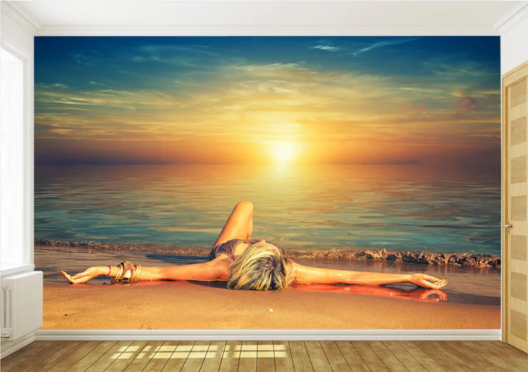 Настенные 3D обои с изображением заката пляжа для привлекательной леди