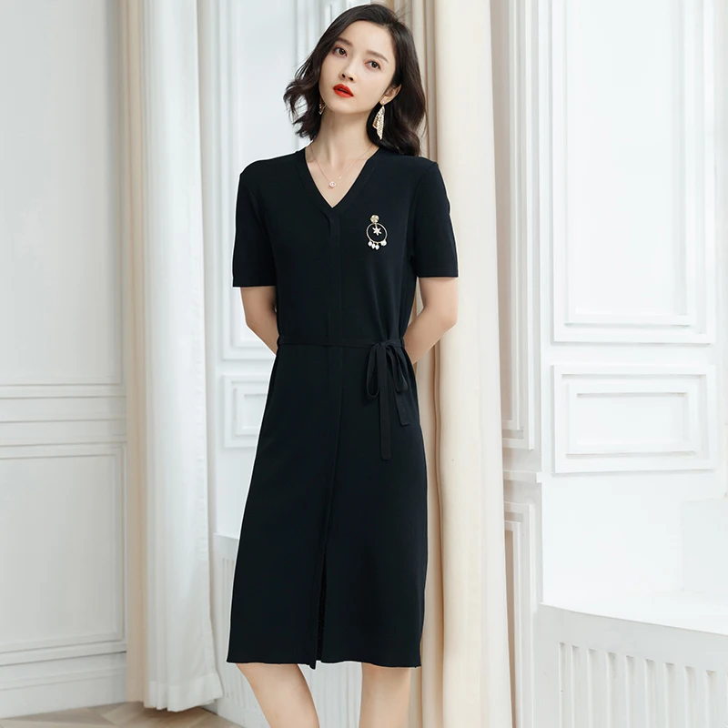2XL Брендовое платье женское весна-лето 2019 новое однотонное с v-образным вырезом