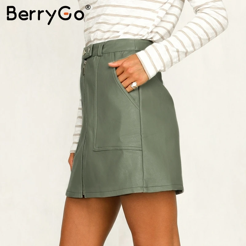 BerryGo винтажная Осенняя кожаная женская юбка карандаш с высокой талией на молнии