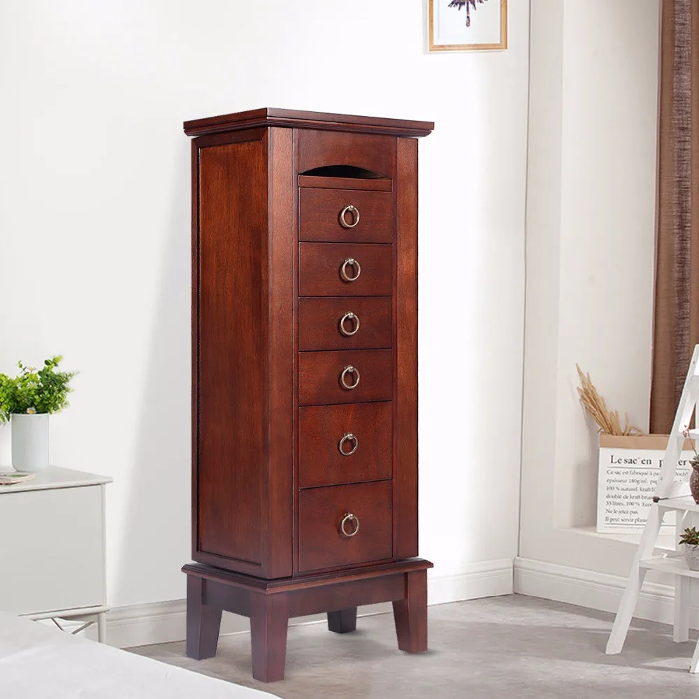 

Goplus Wood Jewelry Cabinet Armoire Storage Box Chest Stand Chain Organizer Retro Cabinet with 6 Drawers and Top Mirrors HW52432